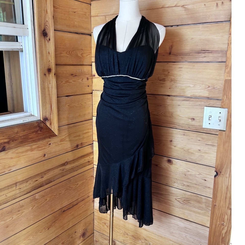 Vintage High Low Asymmetric Ruffle Dress Women Size 14 Black Goth Fairy Jessica
